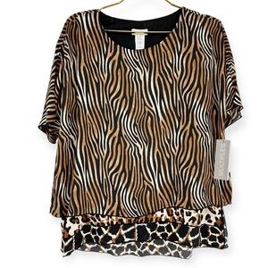 MULTIPLES WOMENS Blouse NWT Layered Animal Print size S- Safari -Style# M33401TM